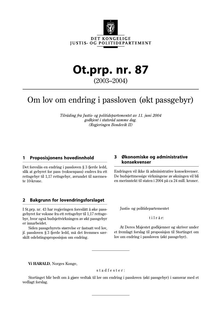 Forsiden av dokumentet Ot.prp. nr. 87 (2003-2004)