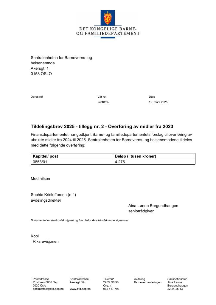 Forsiden av dokumentet Tildelingsbrev Barneverns- og helsenemnda 2025 - tillegg nr. 2