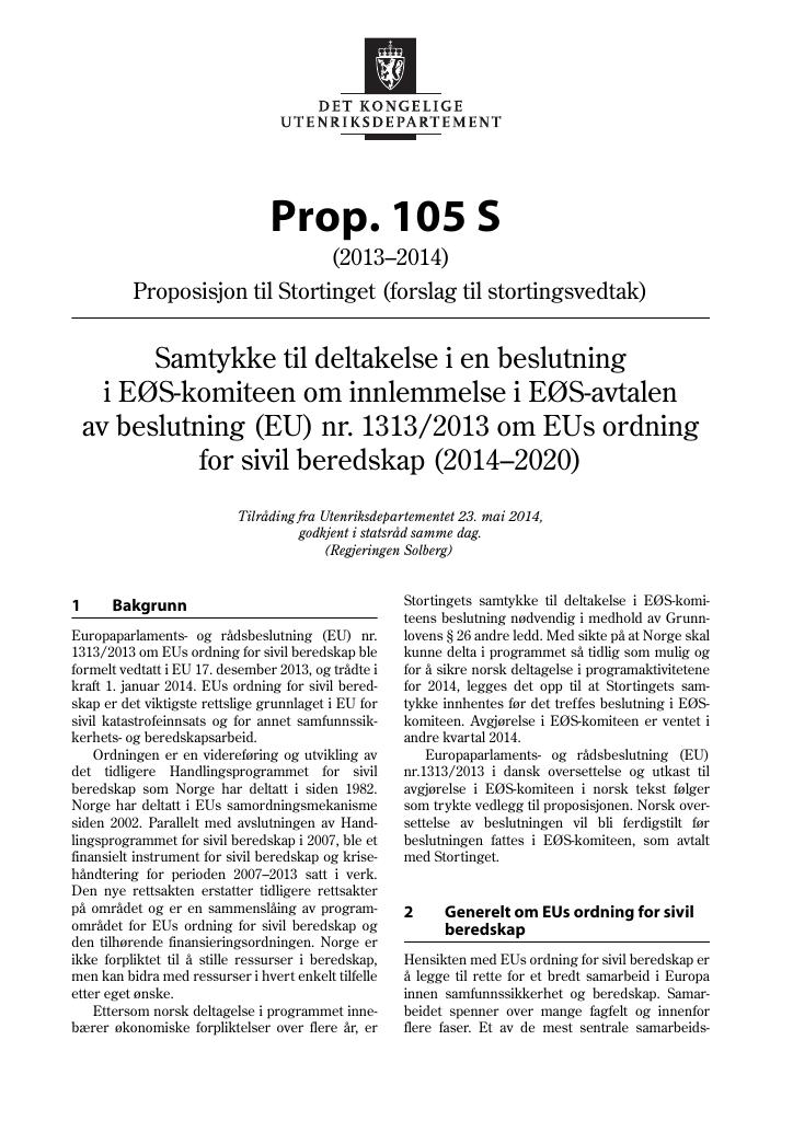 Forsiden av dokumentet Prop. 105 S  (2013–2014)