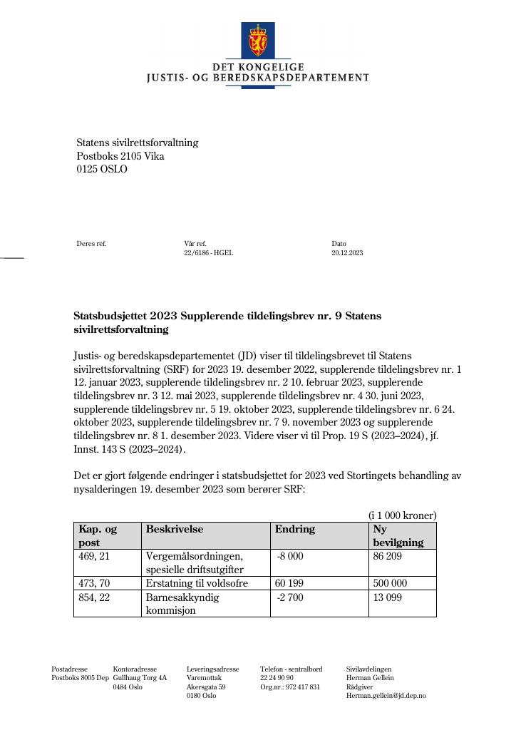 Forsiden av dokumentet Tildelingsbrev Statens sivilrettsforvaltning 2023 - tillegg nr. 9