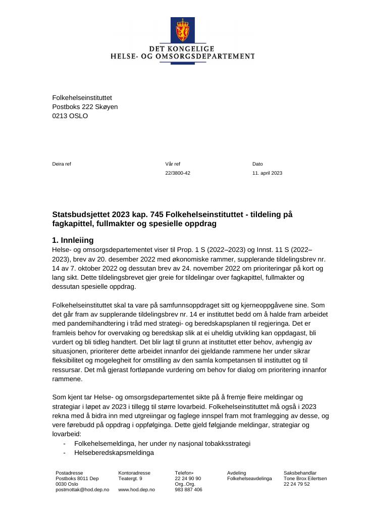 Forsiden av dokumentet Tildelingsbrev Folkehelseinstituttet 2023
