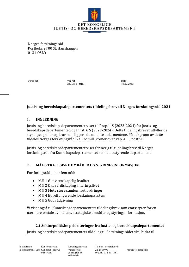 Forsiden av dokumentet Tildelingsbrev Norges forskningsråd 2024 Justis- og beredskapsdepartementets tildelingsbrev til Norges forskningsråd 2024