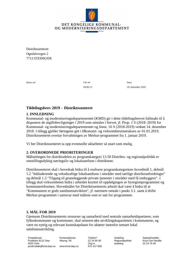 Forsiden av dokumentet Tildelingsbrev Distriktssenteret 2019