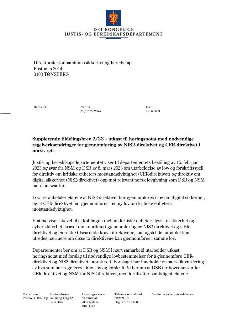 Forsiden av dokumentet Supplerende tildelignsbrev nr. 2 (Utkast til høringsnotat med nødvendige regelverksendringer for gjennomføring av NIS2-direktivet og CER-direktivet i norsk rett)