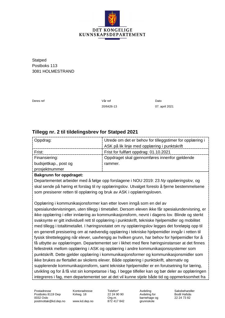 Forsiden av dokumentet Tillegg nr. 2 til tildelingsbrev 2021