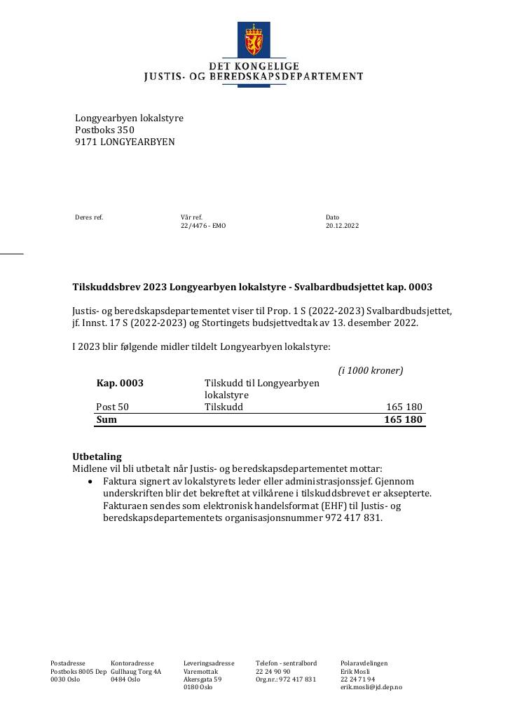 Forsiden av dokumentet Tilskuddsbrev 2023 Longyearbyen lokalstyre - Svalbardbudsjettet kap. 0003