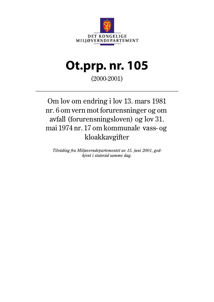 Forsiden av dokumentet Ot.prp. nr. 105 (2000-2001)