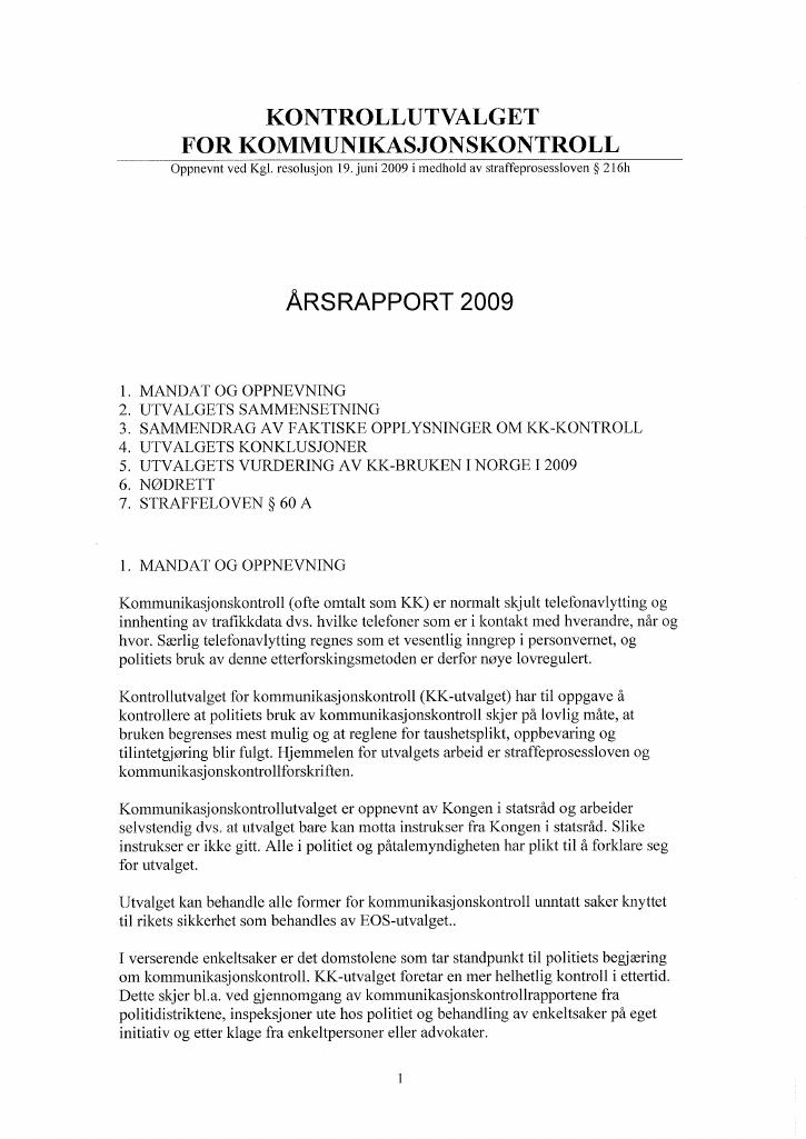 Forsiden av dokumentet Årsrapport Kontrollutvalget for kommunikasjonskontroll 2009