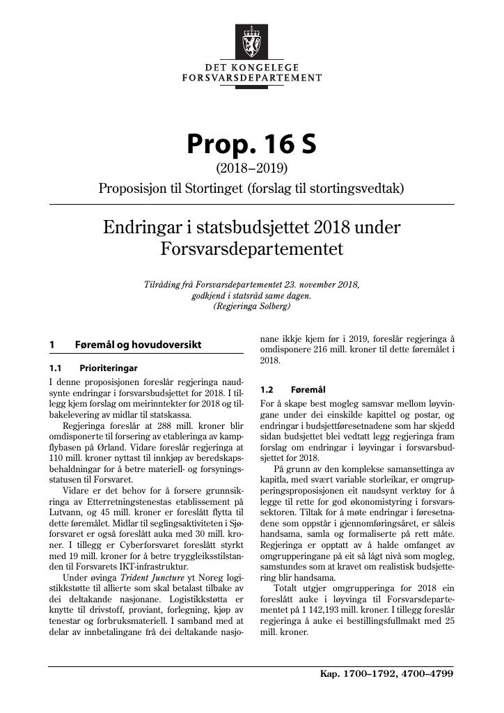 Forsiden av dokumentet Prop. 16 S (2018–2019)