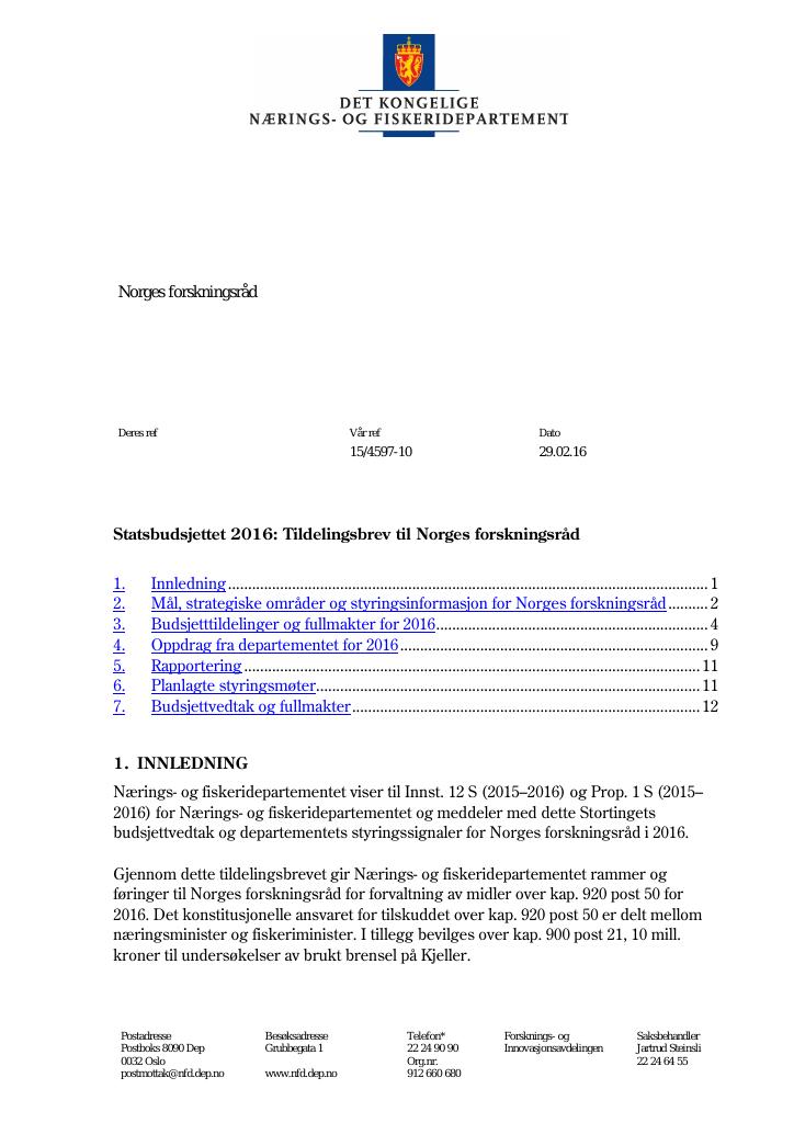 Forsiden av dokumentet Tildelingsbrev