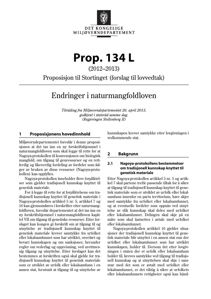 Forsiden av dokumentet Prop. 134 L (2012–2013)
