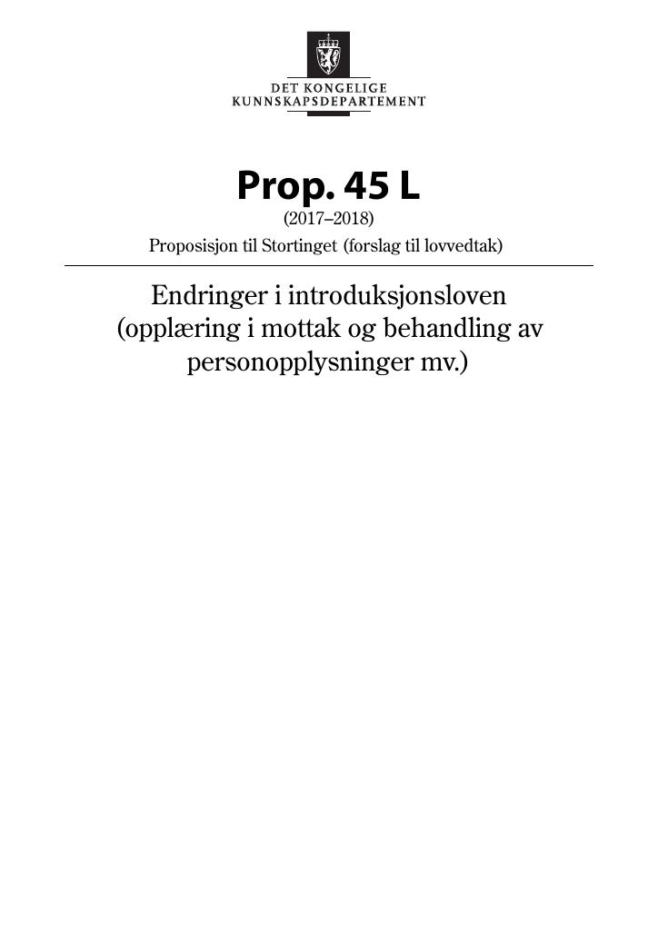 Forsiden av dokumentet Prop. 45 L (2017–2018)