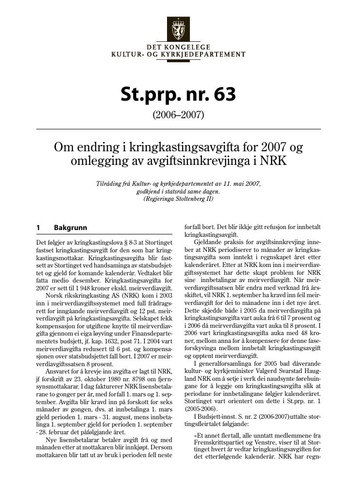 Forsiden av dokumentet St.prp. nr. 63 (2006-2007)