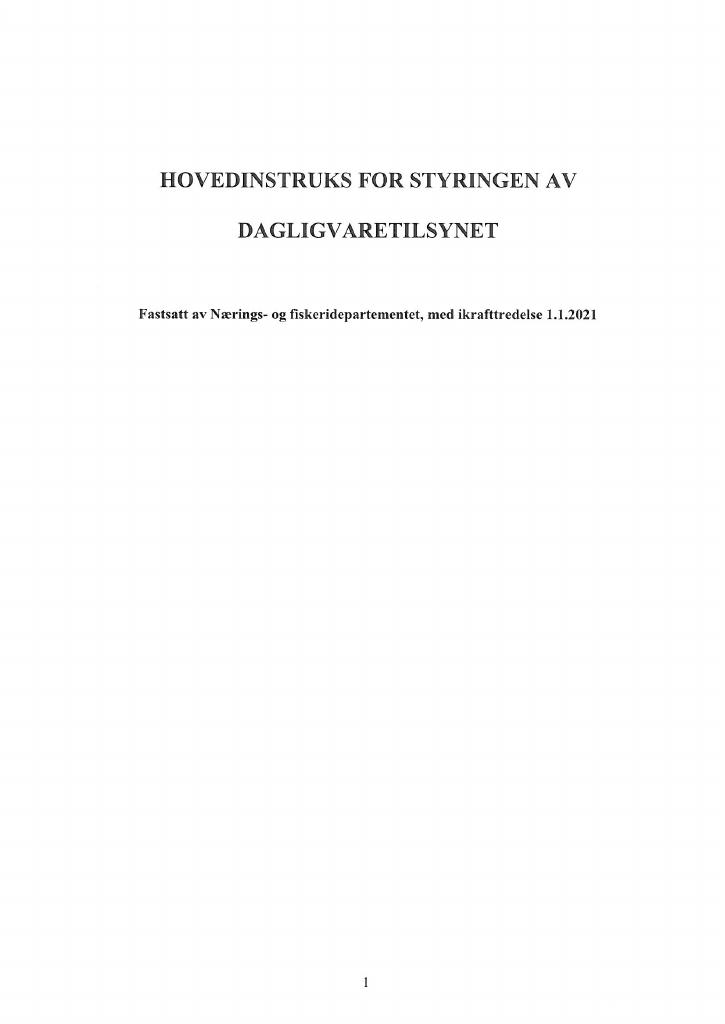 Forsiden av dokumentet Hovedinstruks for styringen av Dagligvaretilsynet