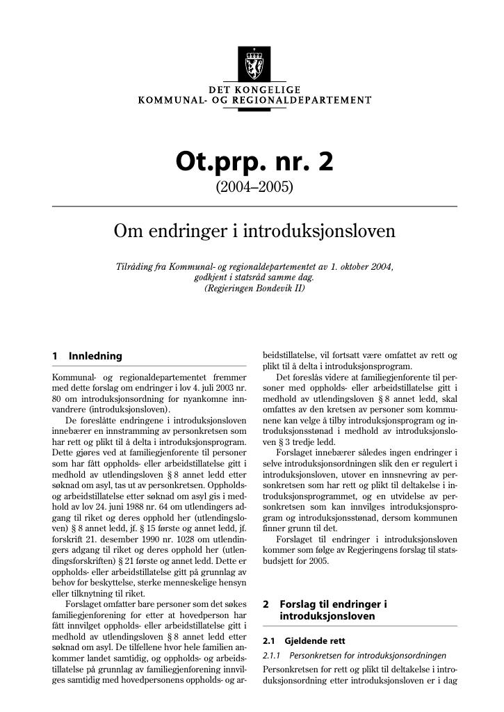 Forsiden av dokumentet Ot.prp. nr. 2 (2004-2005)