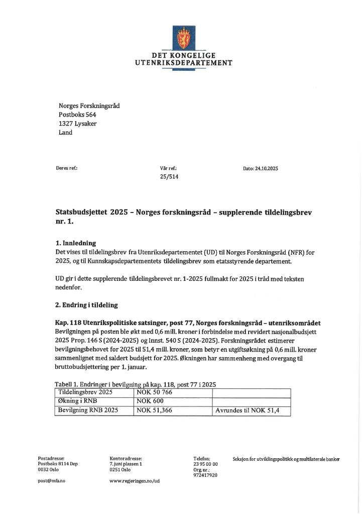 Forsiden av dokumentet Tildelingsbrev Forskningsrådet 2025 - tillegg nr. 1