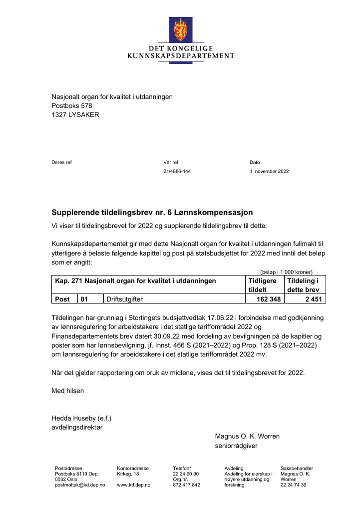 Forsiden av dokumentet Tildelingsbrev NOKUT 2022 - tillegg nr. 6