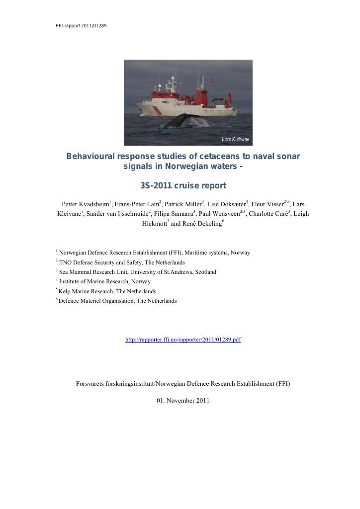 Forsiden av dokumentet Behavioural response studies of cetaceans to naval sonar signals in Norwegian waters - 3S-2011 cruise report