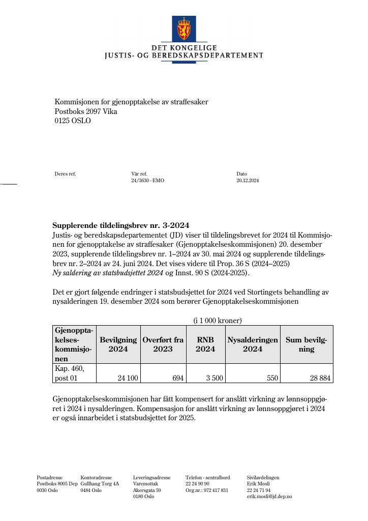 Forsiden av dokumentet Tildelingsbrev Kommisjonen for gjenopptakelse av straffesaker 2024 - tillegg nr. 3