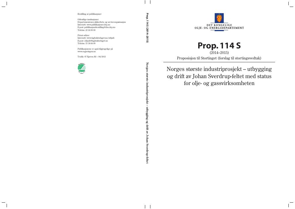 Forsiden av dokumentet Sverdrup PUD og status norsk sokkel Prop. 114 S (2014-2015)