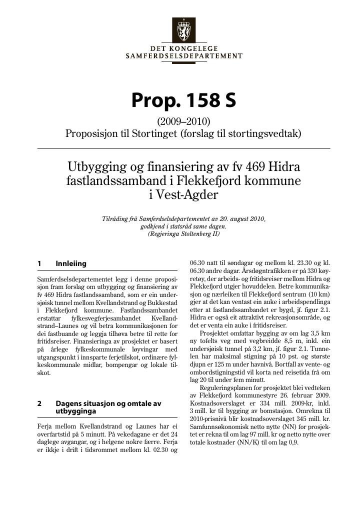 Forsiden av dokumentet Prop. 158 S (2009–2010)