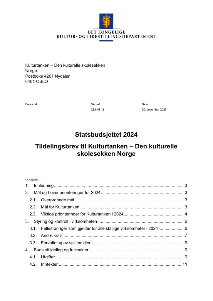 Forsiden av dokumentet Tildelingsbrev 2024 (.pdf)