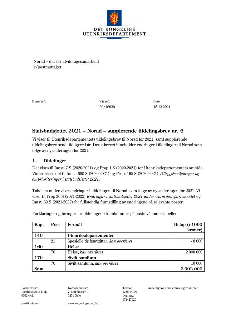 Forsiden av dokumentet Tildelingsbrev NORAD 2021 - tillegg nr. 6