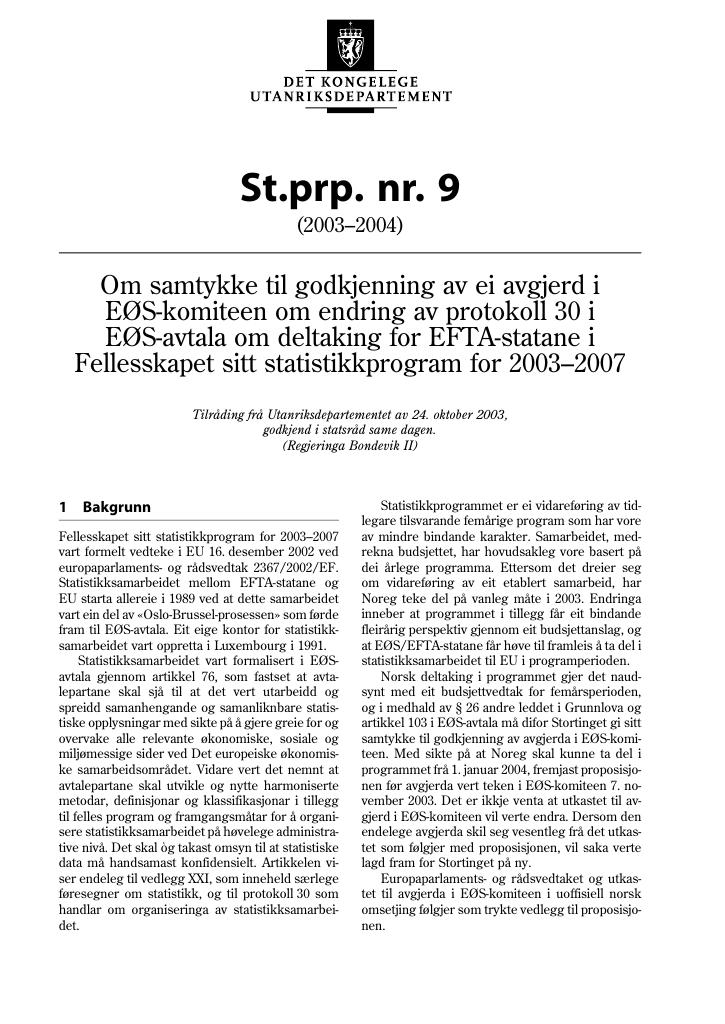 Forsiden av dokumentet St.prp. nr. 9 (2003-2004)