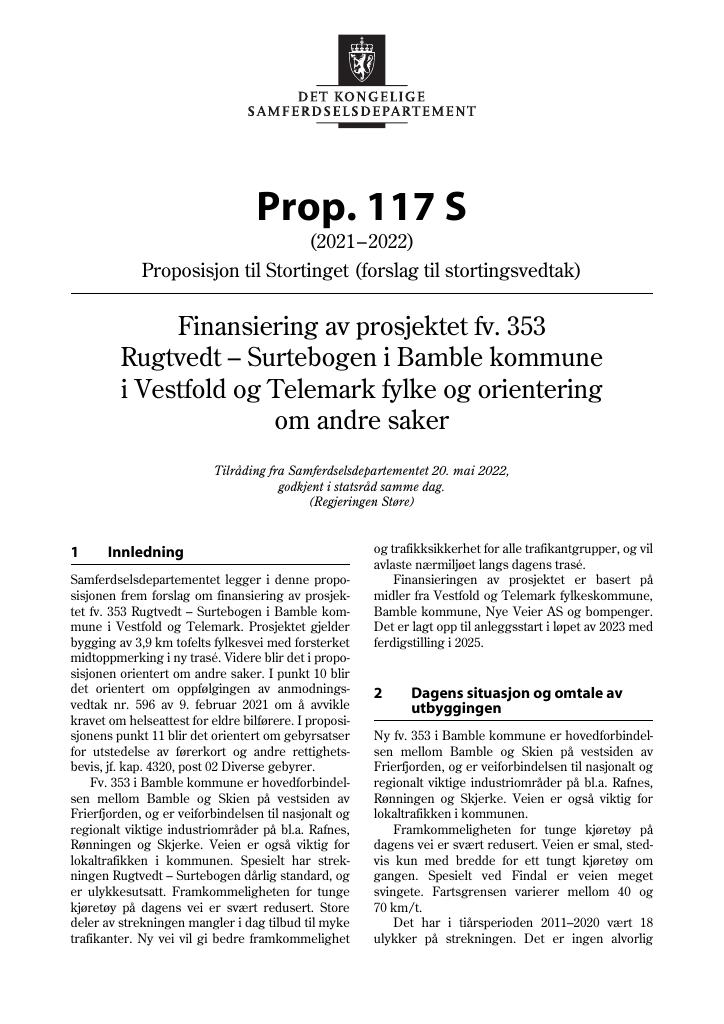 Forsiden av dokumentet Prop. 117 S (2021–2022)