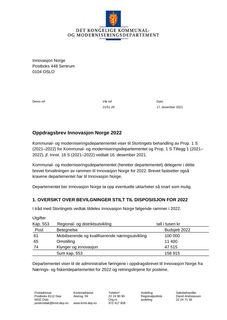 Forsiden av dokumentet Oppdragsbrev Innovasjon Norge 2022