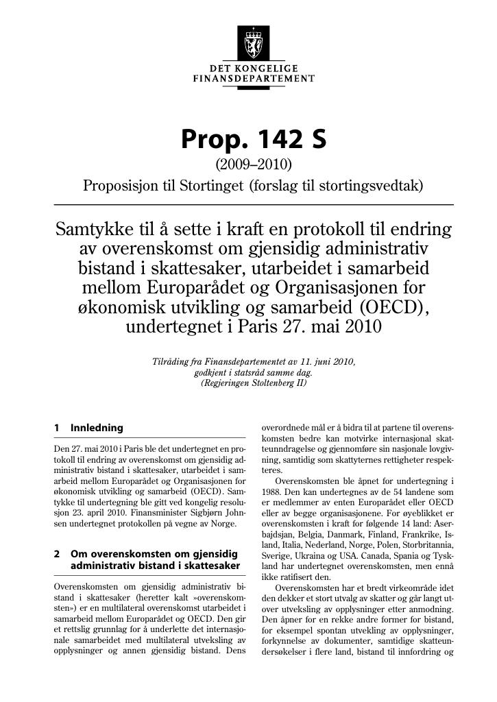 Forsiden av dokumentet Prop. 142 S (2009-2010)