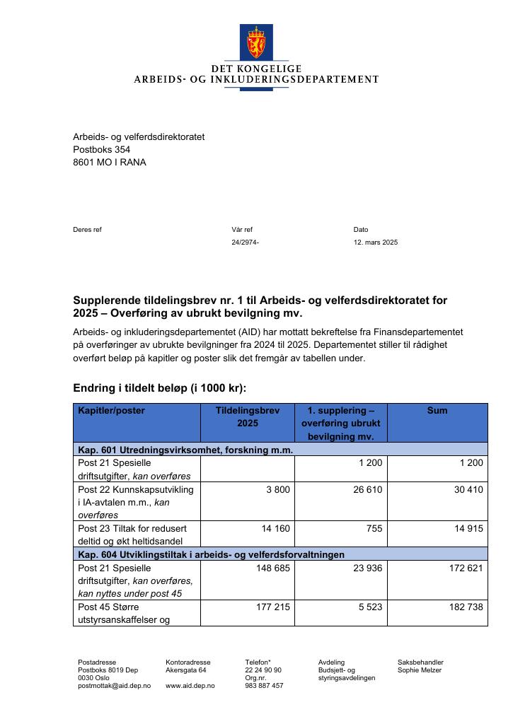 Forsiden av dokumentet Tildelingsbrev Arbeids- og velferdsdirektoratet 2025 - tillegg nr. 1