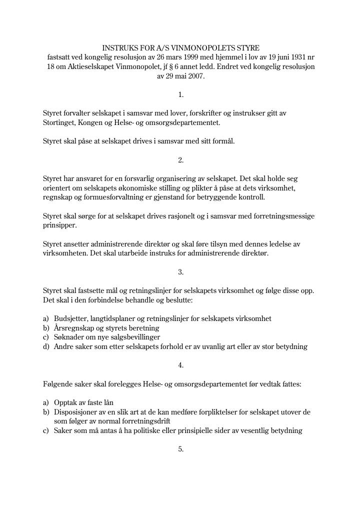 Forsiden av dokumentet Departementets instruks (pdf)