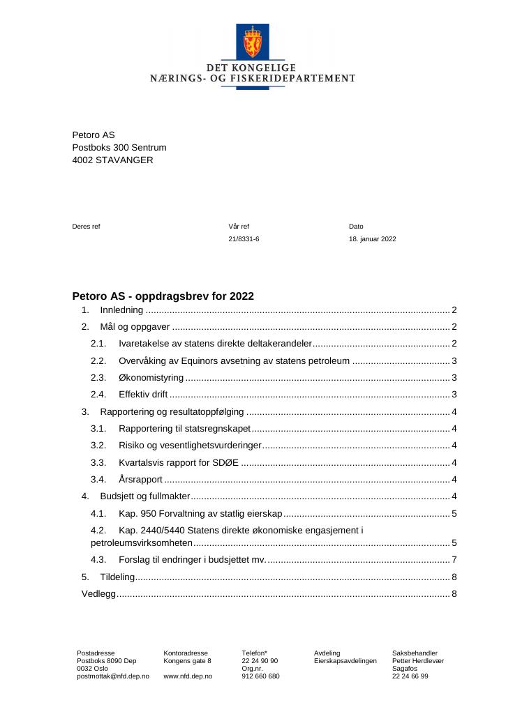 Forsiden av dokumentet Oppdragsbrev Petoro 2022