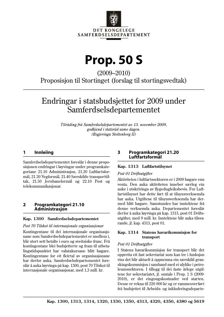 Forsiden av dokumentet Prop. 50 S (2009–2010)