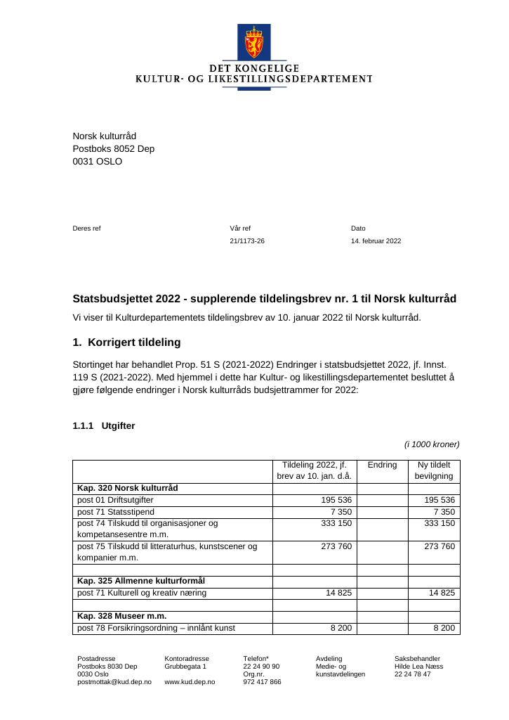 Forsiden av dokumentet Tildelingsbrev Norsk kulturråd 2022 - tillegg nr. 1