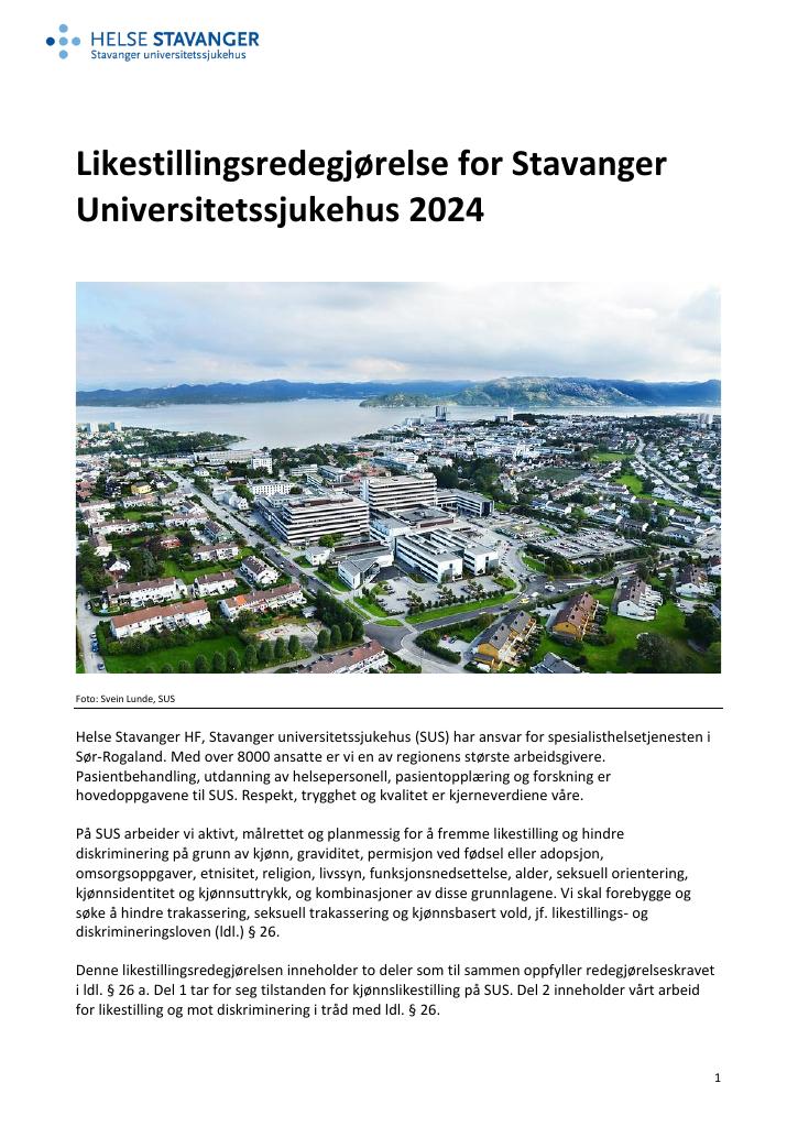 Forsiden av dokumentet Likestillingsredegjørelse for Stavanger Universitetssjukehus 2024
