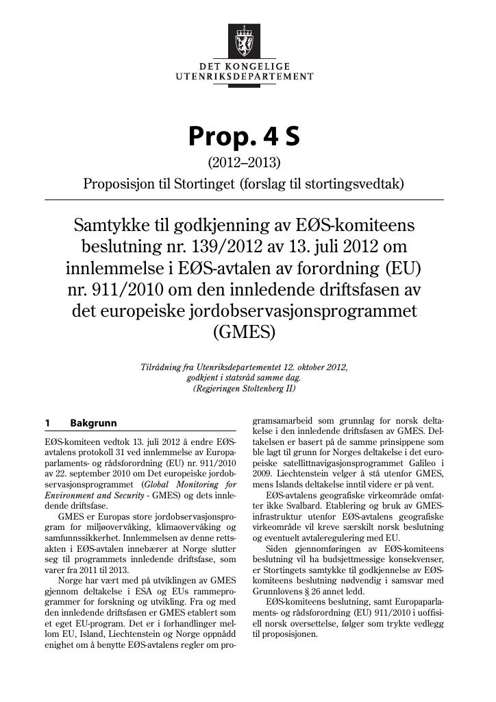 Forsiden av dokumentet Prop. 4 S (2012–2013)