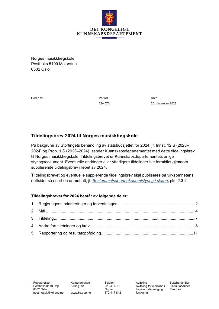 Forsiden av dokumentet Tildelingsbrev Norges musikkhøgskole 2024