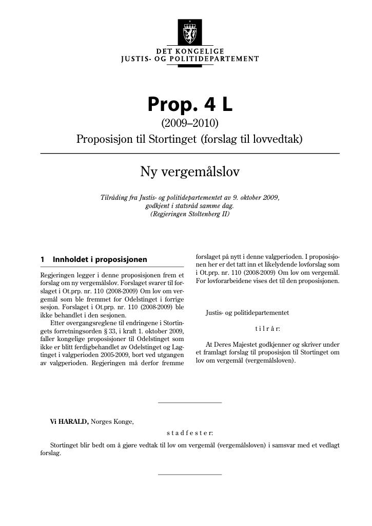Forsiden av dokumentet Prop. 4 L (2009-2010)