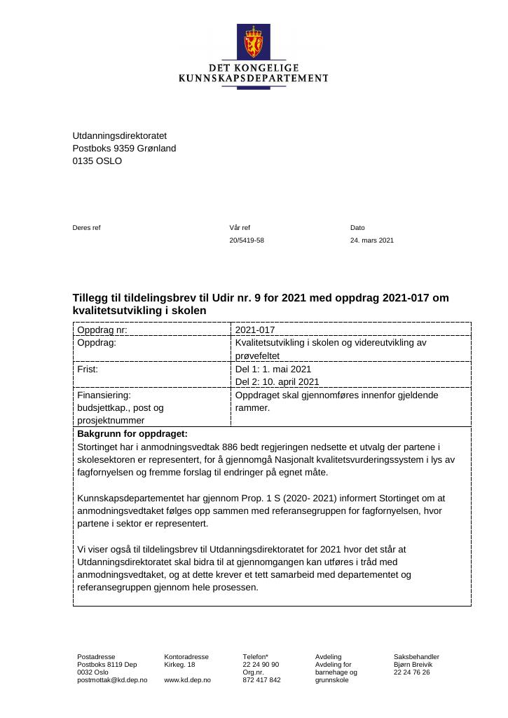Forsiden av dokumentet Tillegg nr. 9 til tildelingsbrev 2021