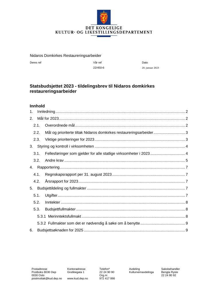 Forsiden av dokumentet Tildelingsbrev Nidaros domkirkes restaureringsarbeider 2023