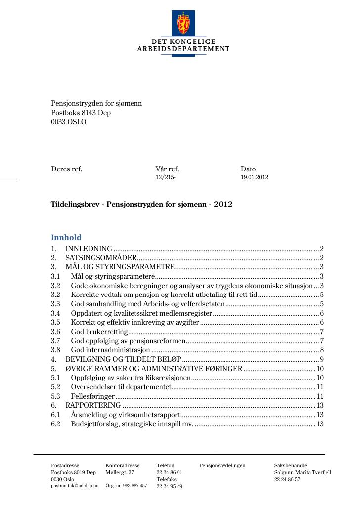 Forsiden av dokumentet Tildelingsbrev (PDF)