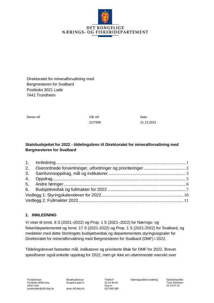 Forsiden av dokumentet Tildelingsbrev Direktoratet for mineralforvaltning 2022