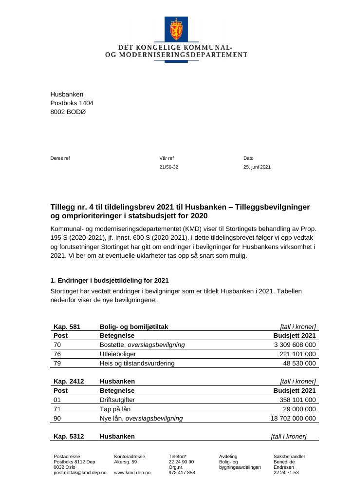 Forsiden av dokumentet Tildelingsbrev Husbanken 2021 - tillegg nr. 4