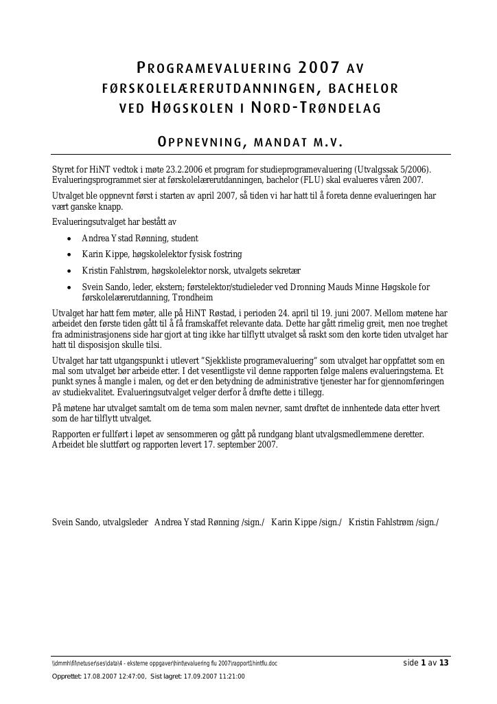 Forsiden av dokumentet Programevaluering 2007 av førskolelærerutdanningen, Bachelor ved Høgskolen i Nord-Trøndelag