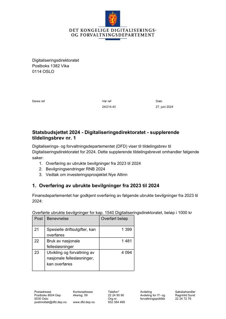Forsiden av dokumentet Tildelingsbrev Digitaliseringsdirektoratet 2024 - tillegg nr. 1