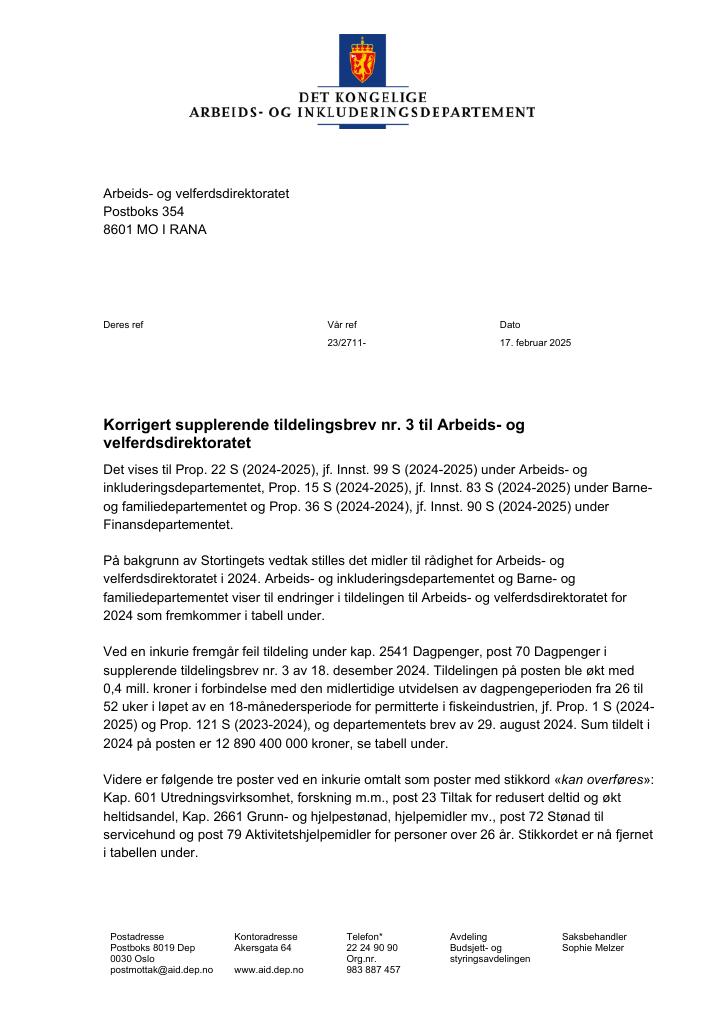 Forsiden av dokumentet Tildelingsbrev Arbeids- og velferdsdirektoratet 2024 - tillegg nr. 3