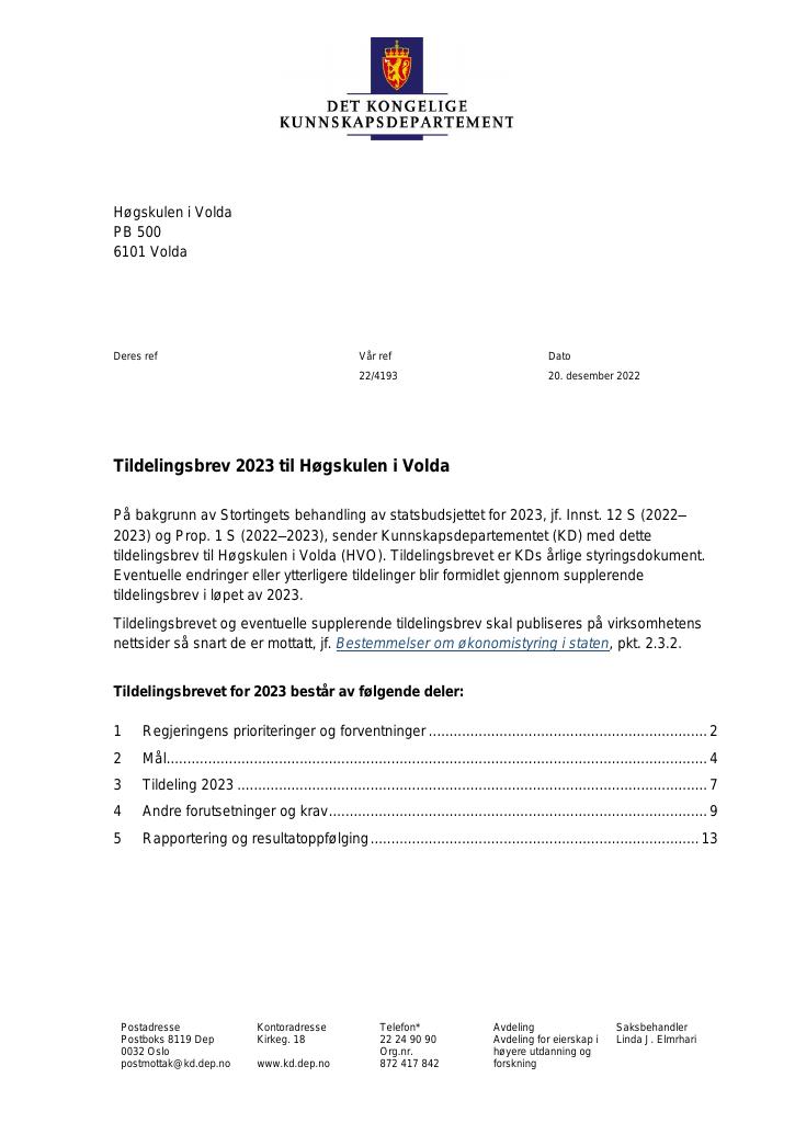 Forsiden av dokumentet Tildelingsbrev for 2023 til Høgskulen i Volda