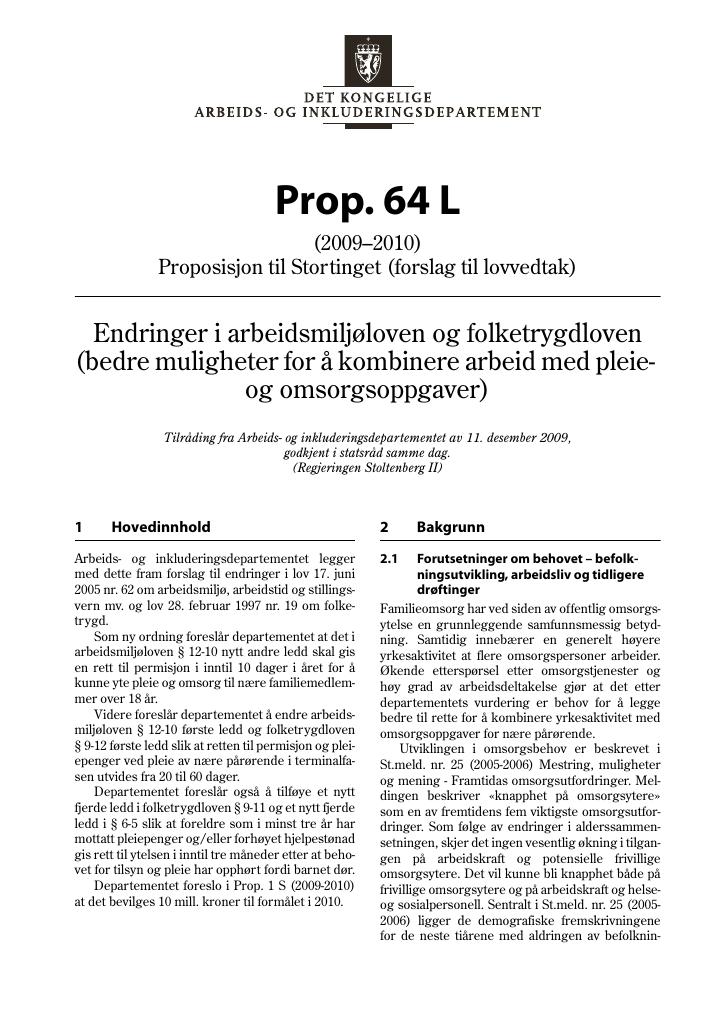 Forsiden av dokumentet Prop. 64 L (2009–2010)